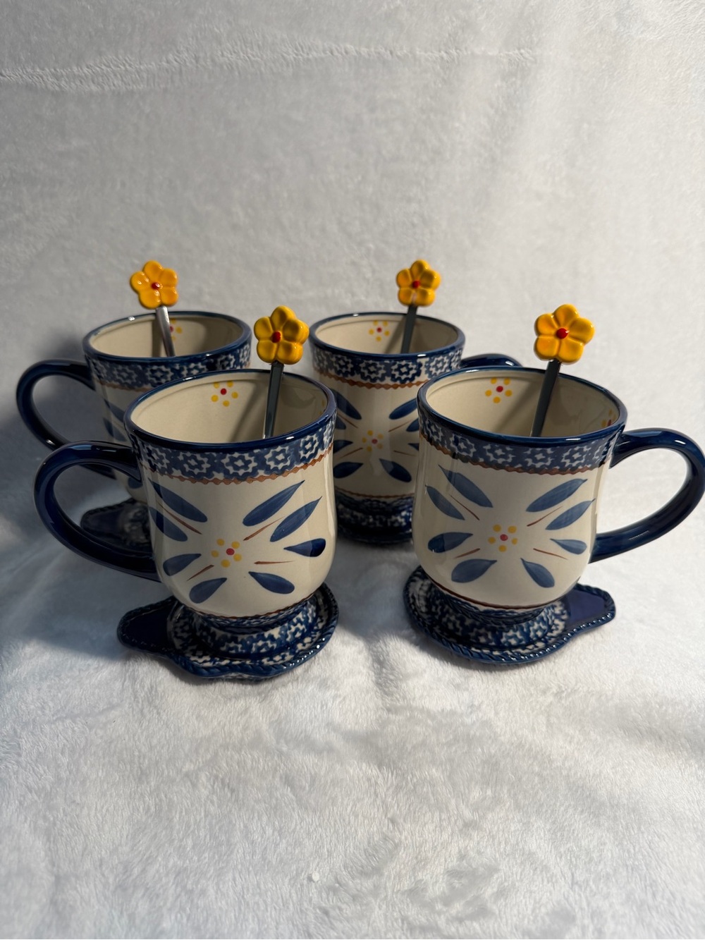 Temp-Tations Hand-Painted Blue Floral Ceramic Mugs with Spoons - Set of 4